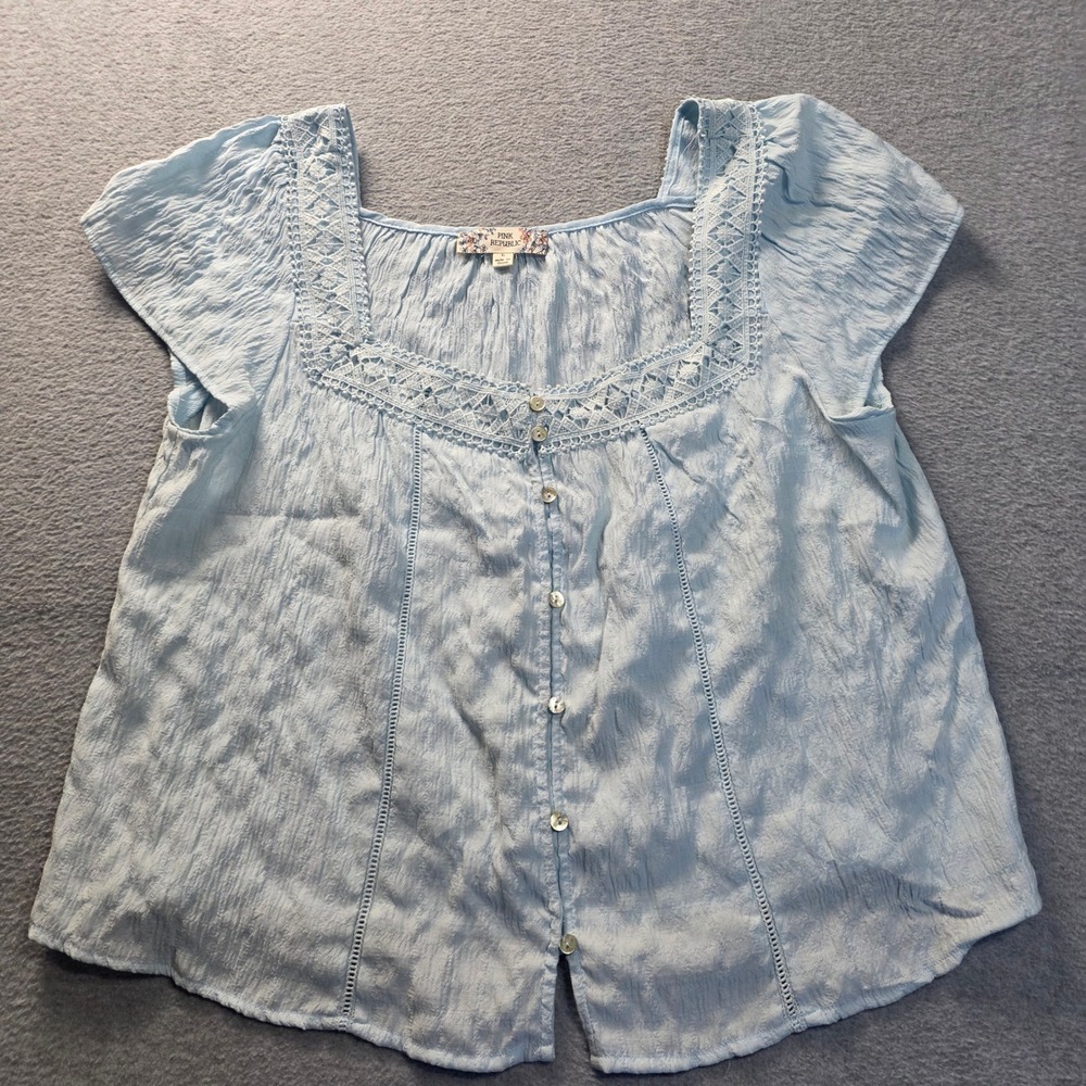 Peasant Blouse Crochet Neck Women Large Light Blue Cottagecore Top Pink Republic
